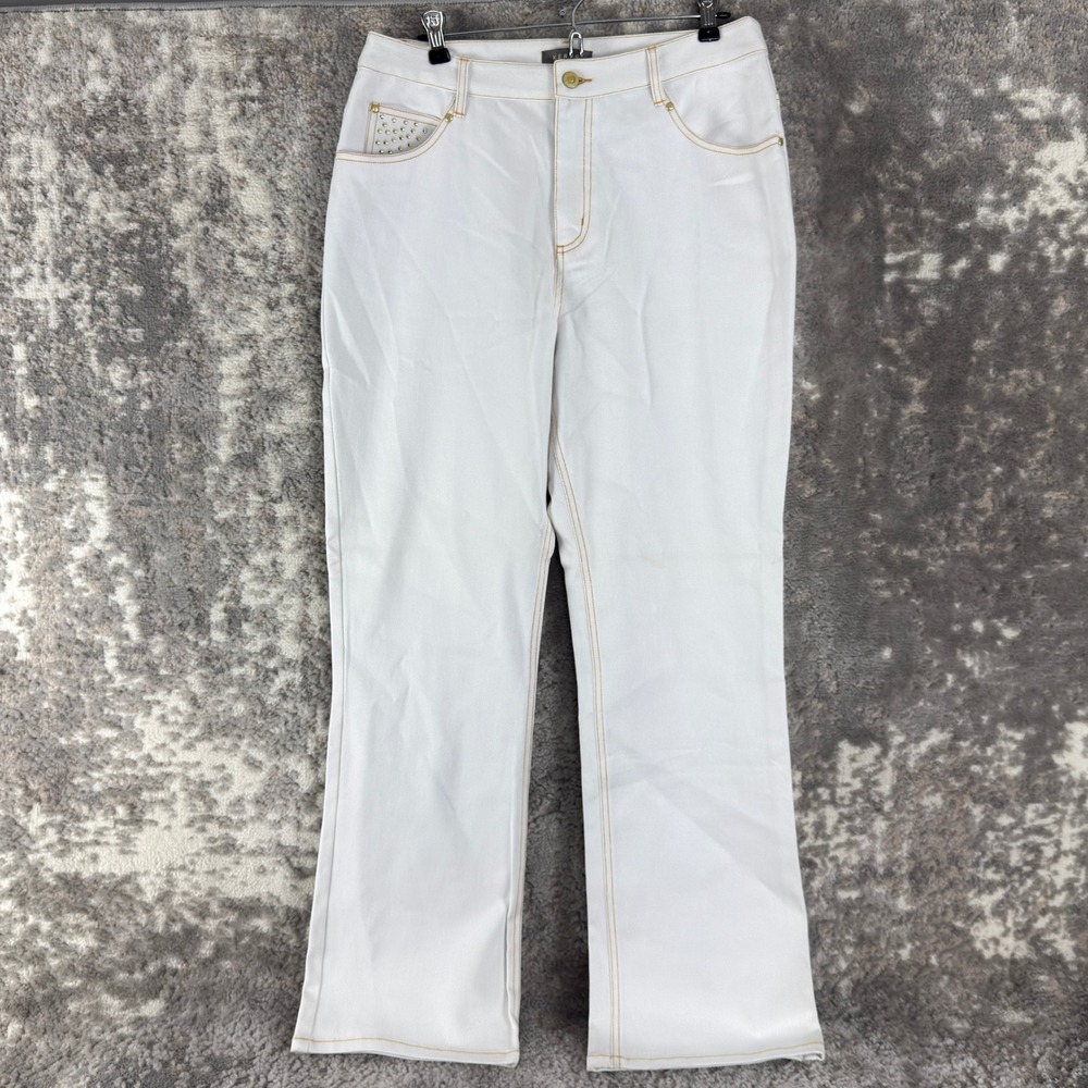 Kenar Size 12 Studded Pocket Contrast Stitch Flare‎ Leg Denim Jeans White Women